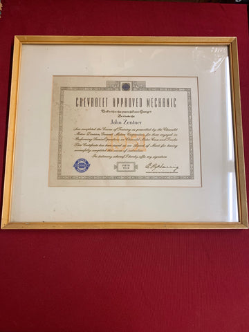 1951 CHEVROLET APPROVED MECHANIC CERTIFICATE IN FRAMED GLASS