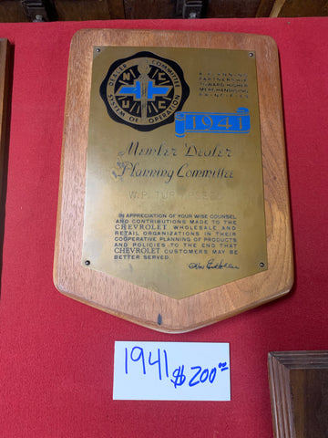 1941 CHEVROLET DEALERSHIP AWARD PLAQUE