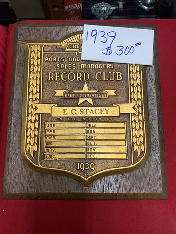 1939 CHEVROLET DEALERSHIP RECORD CLUB PLAQUE