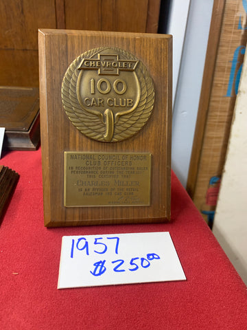 1957 CHEVROLET DEALERSHIP AWARD PLAQUE 100 CAR CLUB